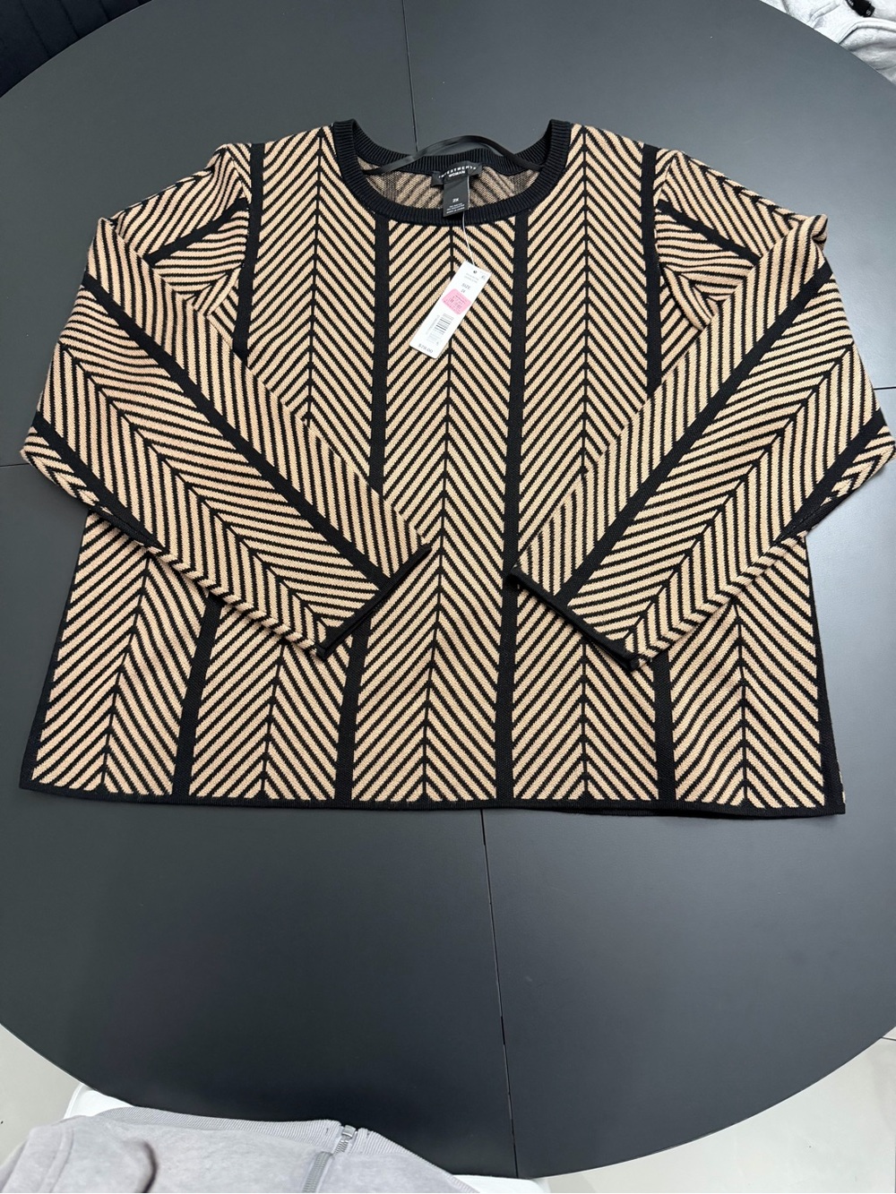 Womens Black and Tan Chevron Knit Crewneck Sweater - Anne Klein